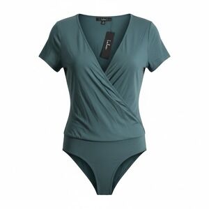 Lulus Chic Womens Medium Teal Green Front Wrap V Neck Bodysuit Office Party